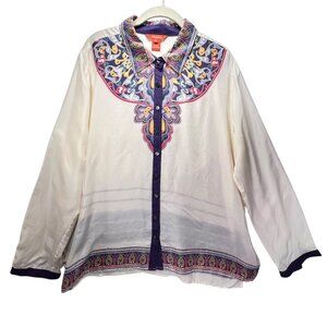 Sundance XL 100% Silk Button Up Blouse Ivory Whimsical Paisley Semi Sheer Collar
